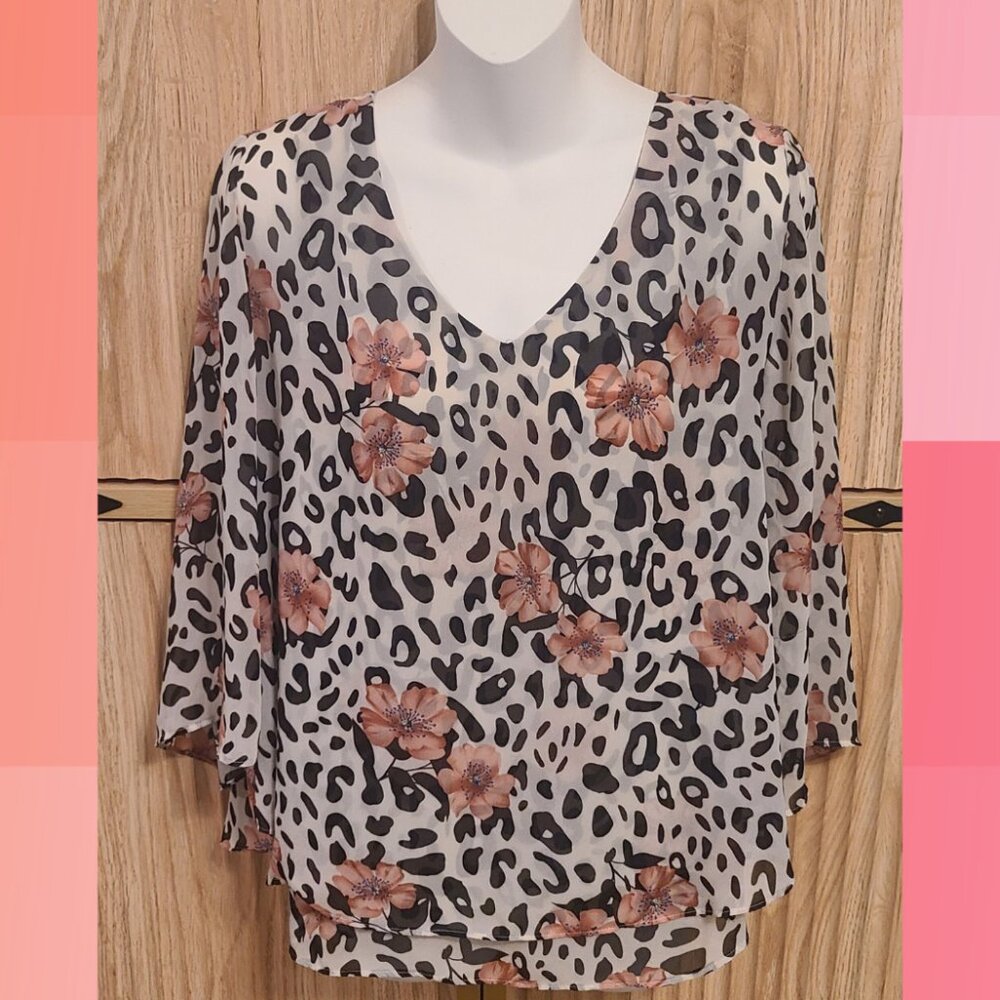 Roz & Ali Leopard Floral Print Blouse - Sheer, Flowing 3/4 Sleeve Top - Picture 1 of 9